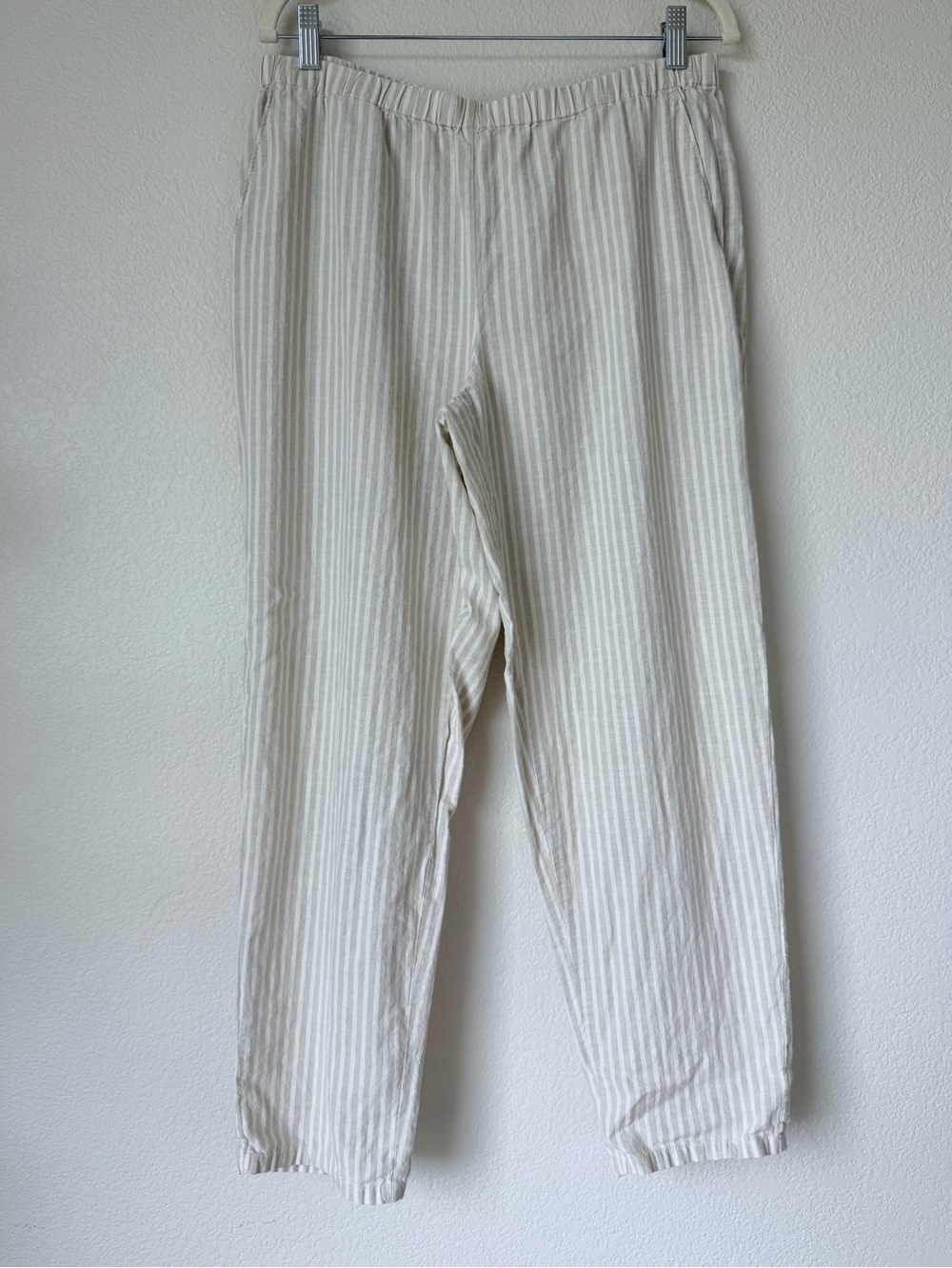 Eileen Fisher Organic Cotton Hemp Striped Ankle Pants Elastic Waist M